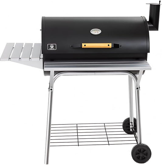 Barrel Charcoal Grill, Outdoor BBQ Smoker, 737 Sq. In. Cooking Area, Adjustable Charcoal Pan, Warming Rack, Front & Side Table, Storage Shelf, Enameled Steel Wire, Backyard, Patio (Large)