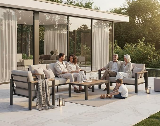 Aluminum Outdoor Patio Furniture Set with Coffee Table, 4 Piece Patio Conversation Sets with Washable Thick Cushions, Patio Sectional Furniture Set for Porch, Balcony, Yard, Gray