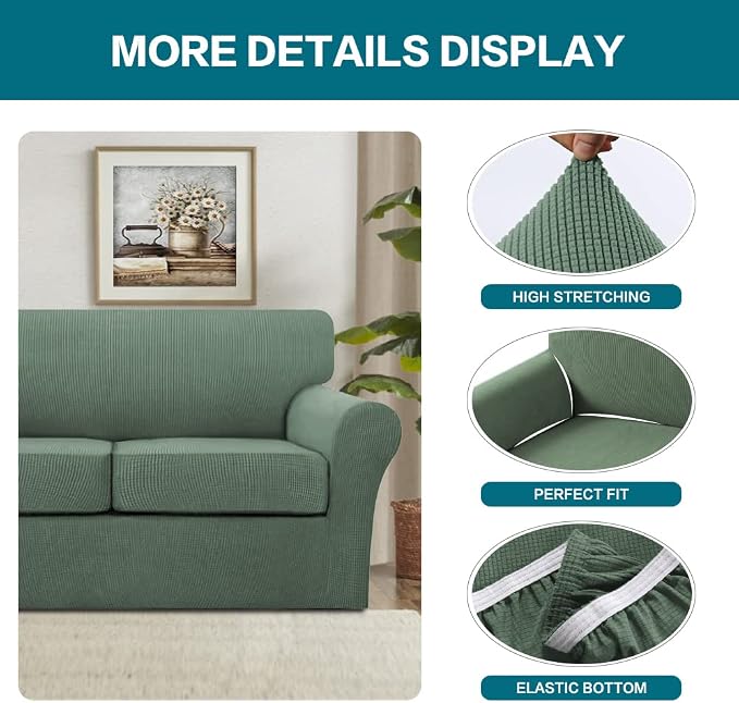 Turquoize 3 Piece Sofa Covers for 2 Cushion Couch Sofa Slipcover Soft Couch Cover for Dogs-Washable Sofa Furniture Covers with 2 Individual Cushion Covers (2 Cushion Sofa, Loden Frost)