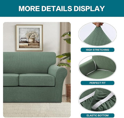 Turquoize 3 Piece Sofa Covers for 2 Cushion Couch Sofa Slipcover Soft Couch Cover for Dogs-Washable Sofa Furniture Covers with 2 Individual Cushion Covers, Jacquard Fabric (Loveseat, Loden Frost)
