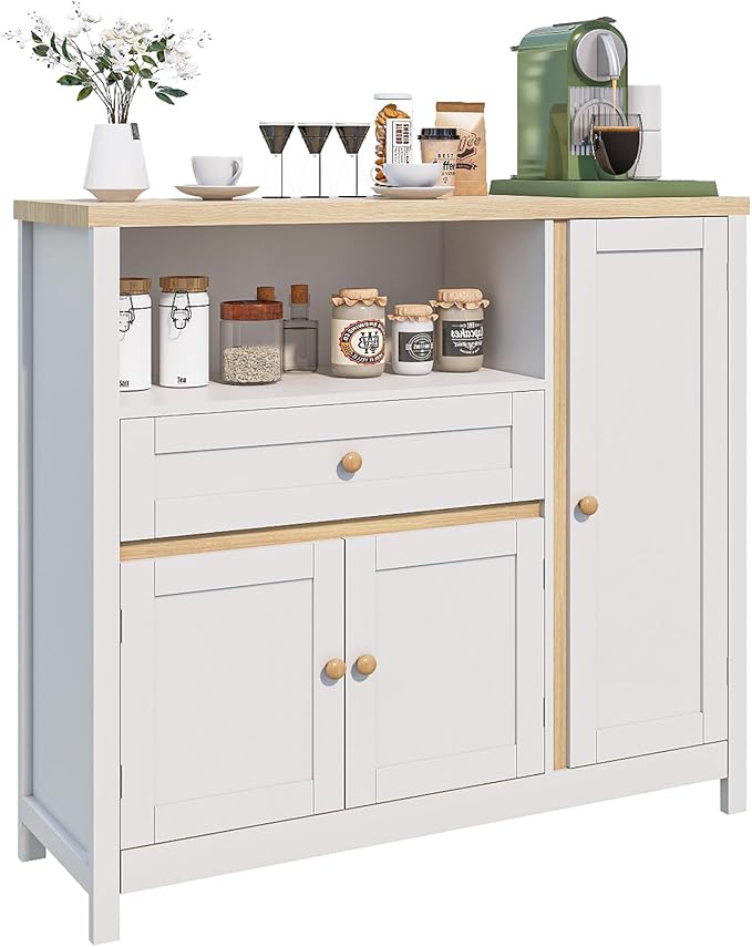 Viaozutis Coffee Bar Cabinet with Doors and Drawer, 35.4" Kitchen Storage Cabinet with Adjustable Shelf, Freestanding Buffet Sideboard for Dining Room, Bathroom, Entryway, White