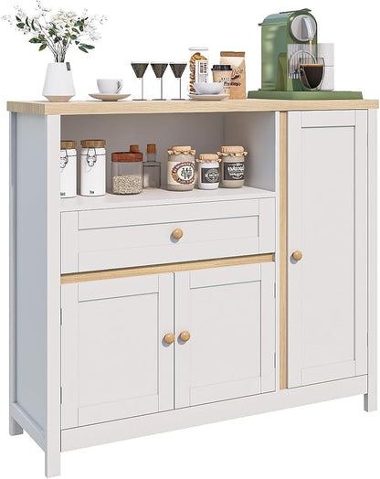 Viaozutis Coffee Bar Cabinet with Doors and Drawer, 35.4" Kitchen Storage Cabinet with Adjustable Shelf, Freestanding Buffet Sideboard for Dining Room, Bathroom, Entryway, White