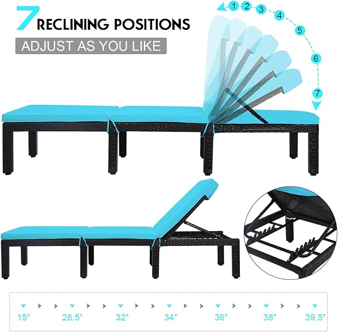 Tangkula Patio Wicker Lounge Chair, Outdoor Rattan Adjustable Reclining Backrest Lounger Chairs, Modern Outside Rattan Chaise with Seating and Back Cushion (1, Turquoise)