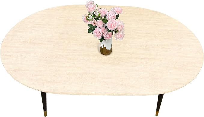 LIBERECOO Oval Fitted Vinyl Tablecloth - Cream Wood - 68" x 48" (Oval) - Waterproof, Elastic Edged for Secure Fit, Easy to Clean Plastic Table Cover