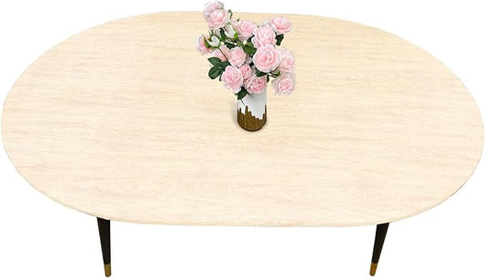 LIBERECOO Oval Fitted Vinyl Tablecloth - Cream Wood - 68" x 48" (Oval) - Waterproof, Elastic Edged for Secure Fit, Easy to Clean Plastic Table Cover