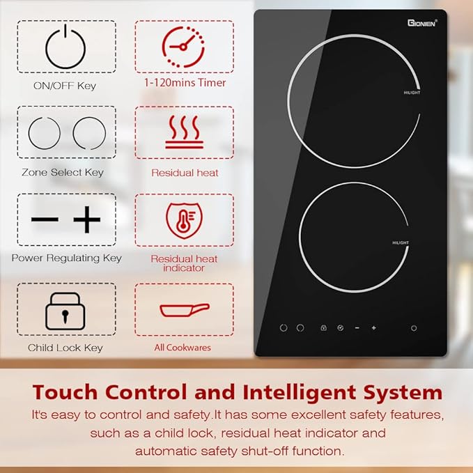 Electric Cooktop 2 Burners 220V~240V, Built-in 12 Inch Ceramic Burners, Double Glass Stove Top, Apartment Size Electric Radiant Cooktop with Hard Wire,3000W,No Plug