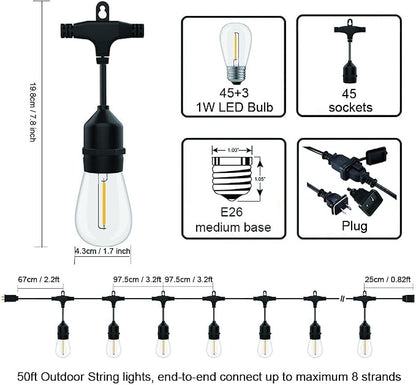 Outdoor String Lights Waterproof 150FT Patio Lighting for Porch Backyard | Connectable Heavy Duty Outside Lights Weatherproof IP65, 46+4 Dimmable Plastic Edison Bulb For Bistro Garden Balcony Gazebo