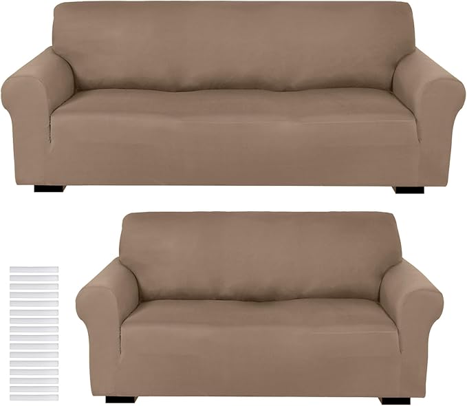 Peryiter 2 Pcs Couch and Loveseat Sofa Covers,Camel,Milk Silk | Armchair Covers for Living Room, Sofa Cushion Slipcover 2/3 Seater, Furniture Protector, Polyester and Spandex, Washable