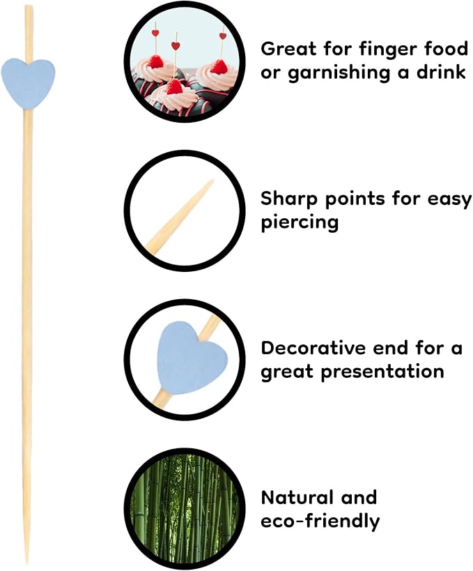 BambooMN 3.9 Inch Blue Heart Bamboo Food and Drink Pick Skewers for Catered Events, Holiday's, Restaurants or Buffets Party Supplies, 1000 Pieces
