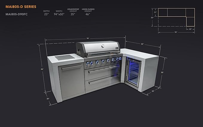 Mont Alpi 94"W x 50"D Deluxe Stainless Steel L-shaped Modular Outdoor Kitchen Island + Infrared Side Burner + Refrigerator + 44"W 6-Burner BBQ Grill + Granite Countertops + Storage Cabinets & Drawers