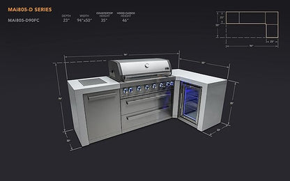 Mont Alpi 94"W x 50"D Deluxe Stainless Steel L-shaped Modular Outdoor Kitchen Island + Infrared Side Burner + Refrigerator + 44"W 6-Burner BBQ Grill + Granite Countertops + Storage Cabinets & Drawers