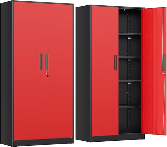 INTERGREAT Metal Storage Cabinet, 72” H Storage Cabinet with Doors and Adjustable Shelves for Office, Home, Garage, Pantry (Assembly Required, Black Red)