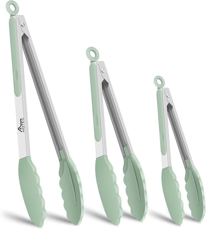 HOTEC Premium Stainless Steel Locking Kitchen Tongs with Silicon Tips, Set of 3-7", 9" and 12" (Light Green)