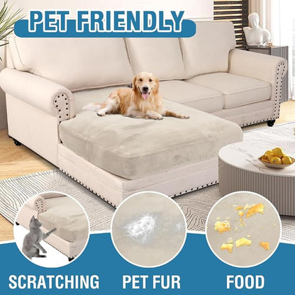H.VERSAILTEX Velvet Stretch Individual Chaise Cover Sectional Couch Covers for L Shaped Sofa Both Left/Right Furniture Protector Seat Cushion Sofa Cover (1 Piece Chaise Cover, Ivory)
