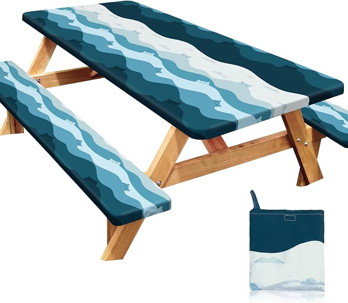 Picnic Table Cover with Bench Covers Windproof Waterproof Picnic Table Covers Camping Tablecloth with Self-Storage Bag, 72in, Blue Cat