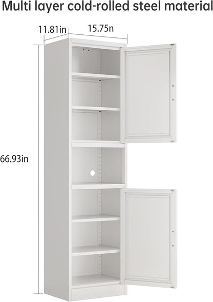 67" H Metal Tall Narrow Storage Cabinet, Freestanding Floor Cabinet with 2 Doors and Adjustable Shelves, Pantry Storage Cabinets for Bathroom, Living Room, Entryway and Kitchen