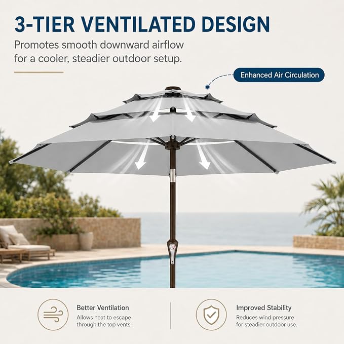 10ft Patio Umbrella, 3-Tier Vented Outdoor Table Umbrella with 8 Sturdy Fiberglass Ribs, Windproof Market Umbrella with Push Button Tilt and Crank, UV Protection for Deck, Pool, Light Gray