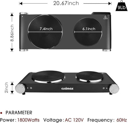 CUSIMAX Double Hot Plates Electric Burner, 1800W Countertop Cooktop with Adjustable Temperature Control, Hot Plates for Cooking Portable Electric Stove, Black Stainless Steel Cooktop, Upgraded Version