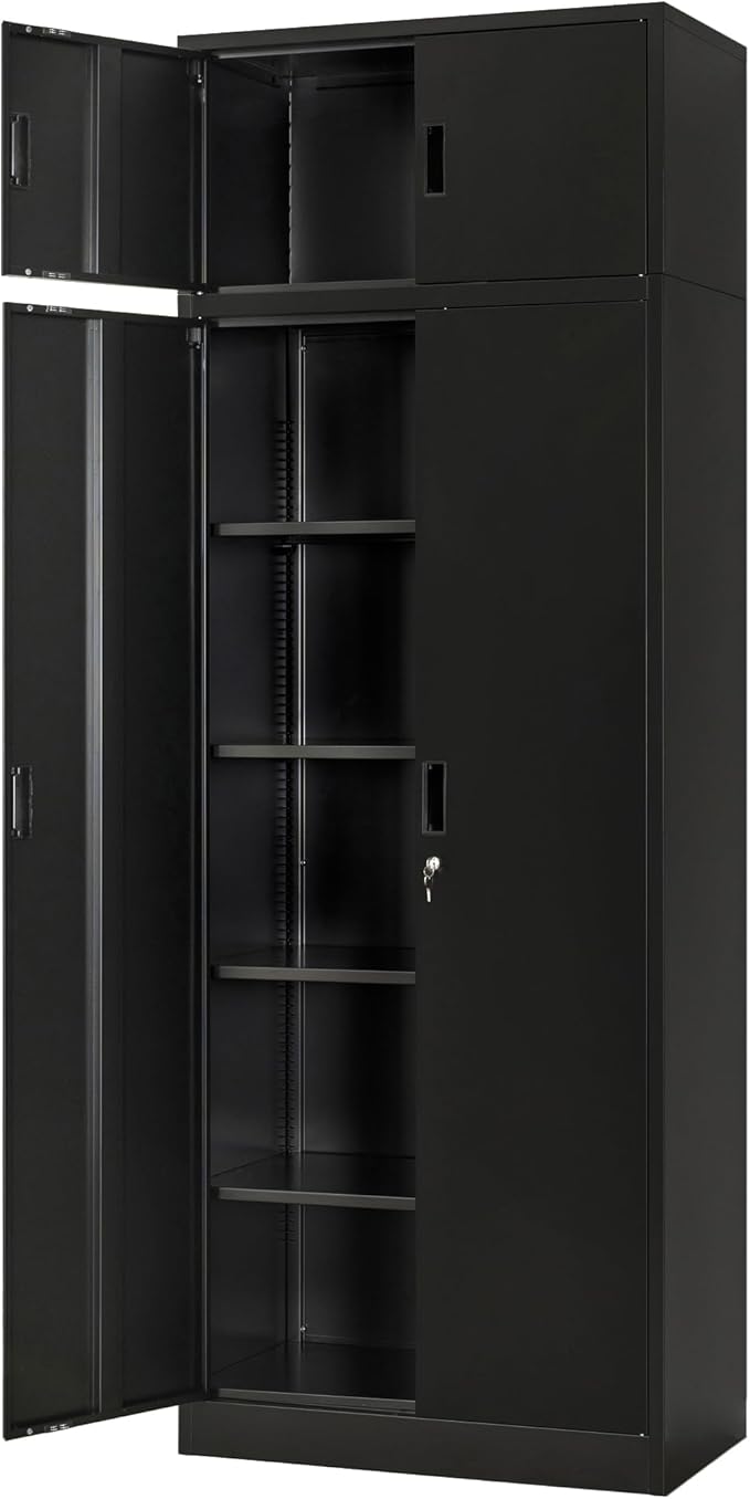 Wanfu Metal Storage Cabinet, 87" H x 32" W x 16" D Locking Storage Cabinets with 4 Adjustable Shelves and Top Cabinet for Office, Garage, Home-Black