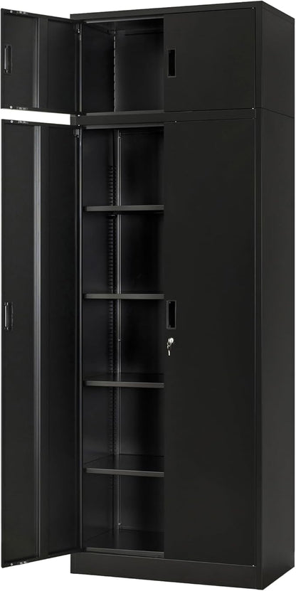 Wanfu Metal Storage Cabinet, 87" H x 32" W x 16" D Locking Storage Cabinets with 4 Adjustable Shelves and Top Cabinet for Office, Garage, Home-Black