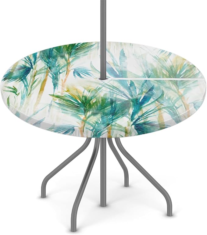 Fitted Round Tablecloth with Umbrella Hole and Zipper Tropical Trees Outdoor Elastic Table Cloth 36"-44" Oil-Proof Waterproof Abstract Tree Patio Table Cover for Picnic Party