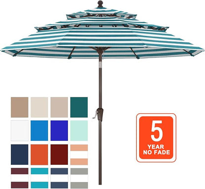 ABCCANOPY 9FT 3-Tier OLEFIN® Patio Umbrella with Stripe, 5-Year No Fading | Heavy Duty Fade-Resistance Outdoor Umbrella, 8 Sturdy Ribs, Tilt, Crank for Backyard, Garden, Yard, Pool, Turquoise Stripe