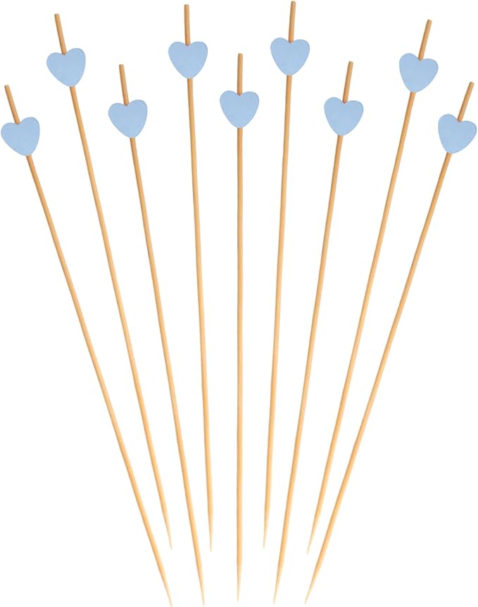 BambooMN 8.3 Inch Blue Heart Bamboo Food and Drink Pick Skewers for Catered Events, Holiday's, Restaurants or Buffets Party Supplies, 100 Pieces