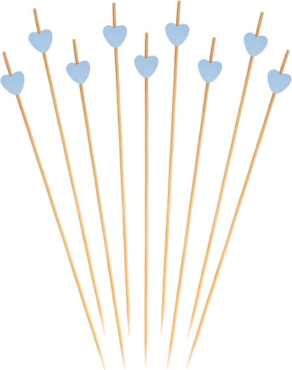 BambooMN 8.3 Inch Blue Heart Bamboo Food and Drink Pick Skewers for Catered Events, Holiday's, Restaurants or Buffets Party Supplies, 100 Pieces