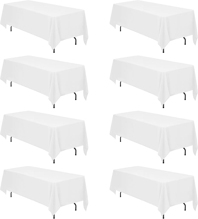 BRILLMAX 8 Pack White Tablecloths 70x120 Inch for 6-8ft Rectangle Tables | 150 GSM Polyester Fabric, Universal Fit, Water, Stain & Wrinkle Resistant Cloth Cover for Wedding Reception Banquet Party