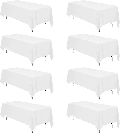 BRILLMAX 8 Pack White Tablecloths 70x120 Inch for 6-8ft Rectangle Tables | 150 GSM Polyester Fabric, Universal Fit, Water, Stain & Wrinkle Resistant Cloth Cover for Wedding Reception Banquet Party