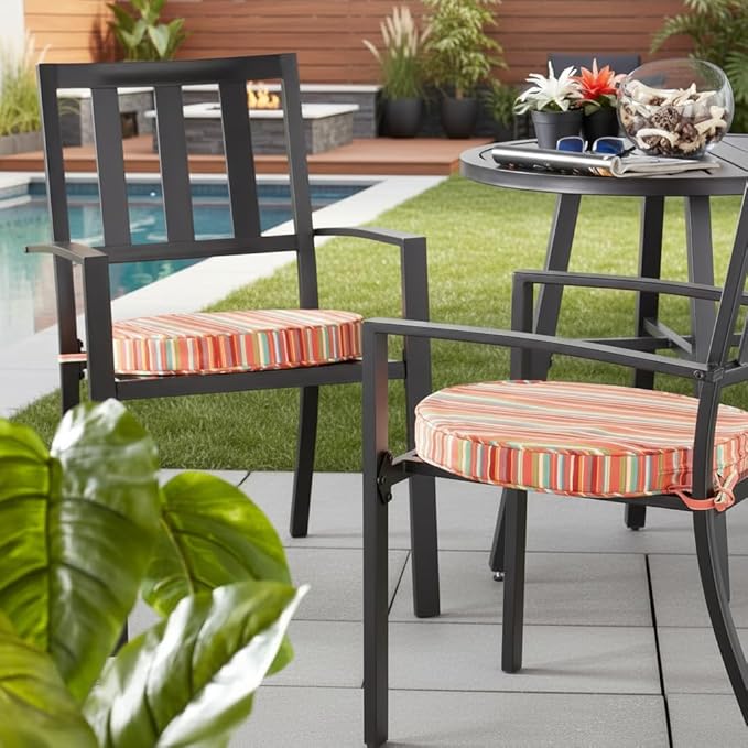 Set of 2 Outdoor 18 inch Round Patio Dining Chair Pads – Comfortable Fiber-Filled Seat Cushions with Ties, Reversible Polyester Fabric - Watermelon Stripe