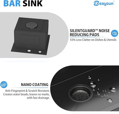 15 In Gunmetal Black Drop Bar Sink 15 x 15 Inch Kitchen Sink 18 Gauge Stainless Steel Single Bowl Topmount Handmade Sink for Outdoor, RV, 15x15x9