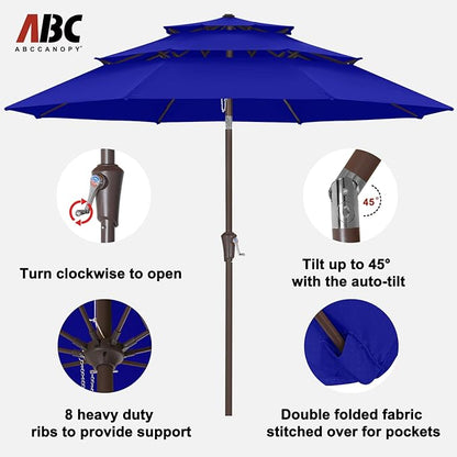 ABCCANOPY 9Ft 3 Tiers Market Umbrella, Outdoor Table Umbrella for Patio, Deck, Backyard (Blue)