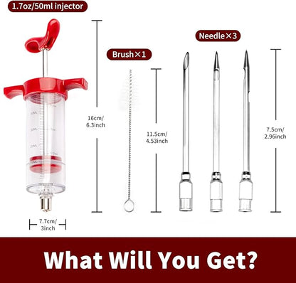 Turkey Meat Injector Syringe Kit with 3 Marinade Needles for BBQ Grill Smoker, 1 Cleaning Brush, 1.7 Oz/50 ml Large Capacity Injector Marinades for Meats Red