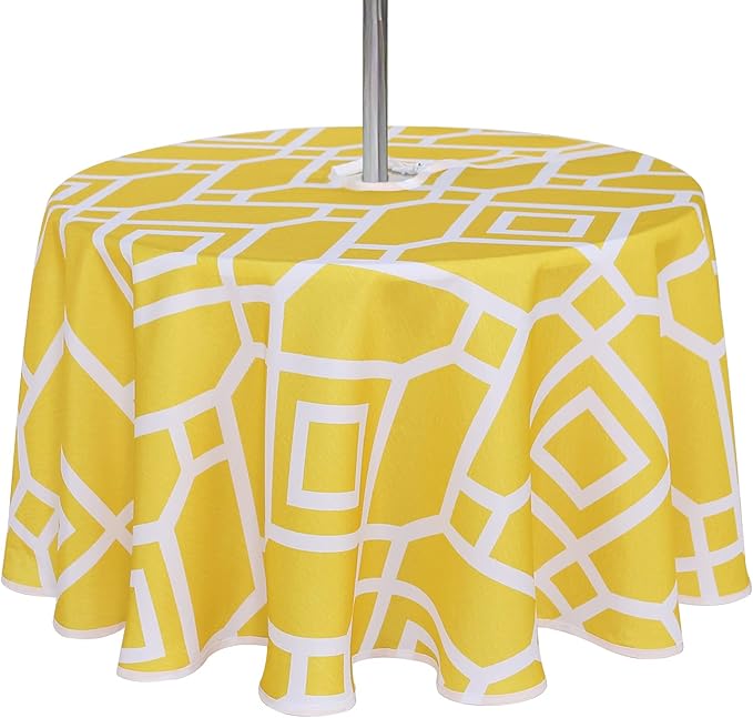 LUSHVIDA Moroccan Outdoor Round Tablecloth with Umbrella Hole and Zipper, 60 Inch Yellow, Waterproof Wrinkle Free Table Cloth Decorative Fabric Washable Table Cover for Patio, Party, Picnic