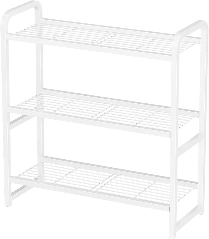 3 Tier Simple Shelf Organizer for Indoor Outdoor, Waterproof Heavy Duty Steel Shelving Unit Plant Stand for Living Room Bathroom Balcony Garden, Easy Assemble, White