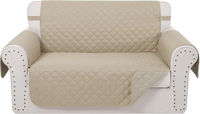 Reversible Loveseat Couch Sofa Covers, 2-Seater, Sand/Beige | Loveseat Covers for Dogs Water Repellent, Friendly Furniture Protector with Elastic Straps for Living Room