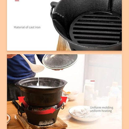 Round Charcoal Table Grill, Japanese Style BBQ Grill, Indoor Mini Barbecue Grill, with Wooden Base for Picnic Garden Balcony Camping (Black 23 * 24cm)