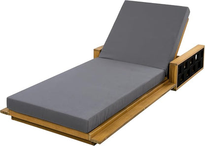 Merax Outdoor Chaise Lounge with 4-Position Adjustable Backrest, Acacia Wood Sunbathing Recliner Chair & 4" Thick Double-fold Cushion for Poolside, Garden, Backyard, Patio, Dark Gray