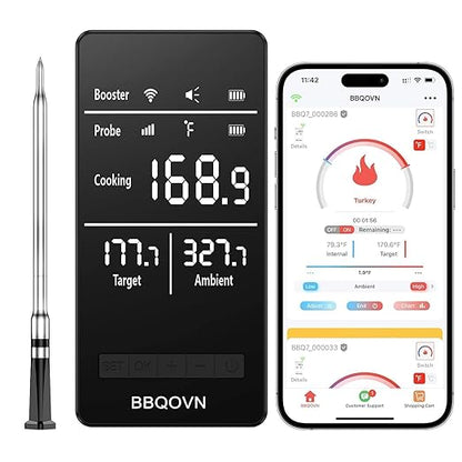 BBQOVN Smart WiFi Wireless Meat Thermometer, Sub-1G Long Range 1000FT, 7 NIST Certified Sensors in 1 Thin Probe ±0.5℉ Accuracy, Standalone Base with Large LED Screen for BBQ Grill Smoker Oven-Black
