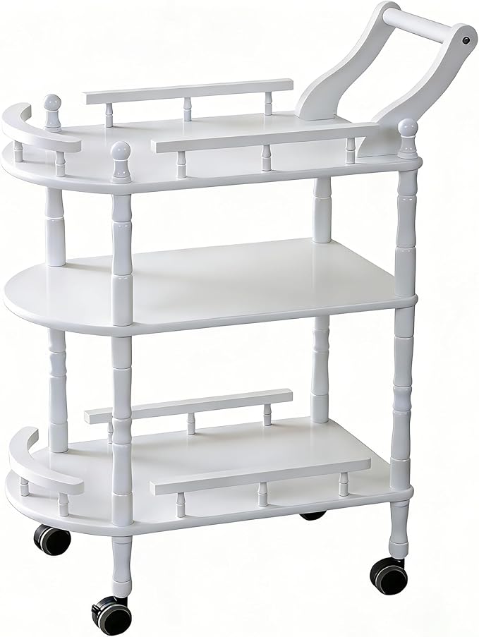 Entertainment Kitchen Cart, Midcentury Modern Imported rubberwood White Finished Wood 3-Tier Mobile Bar Cart Serving Cart