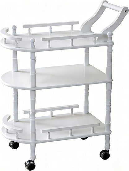 Entertainment Kitchen Cart, Midcentury Modern Imported rubberwood White Finished Wood 3-Tier Mobile Bar Cart Serving Cart