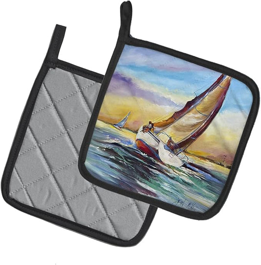 Caroline's Treasures JMK1237PTHD Horn Island Boat Race Sailboats Pair of Pot Holders Kitchen Heat Resistant Pot Holders Sets Oven Hot Pads for Cooking Baking BBQ, 7 1/2 x 7 1/2