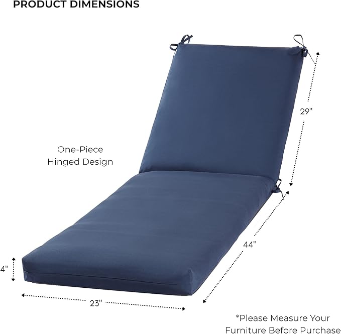 Modern Outdoor Chaise Lounge Cushion with Ties – Durable Polyester Fabric, Channel-Filled Polyfiber Insert, Removable Zippered Cover, Navy