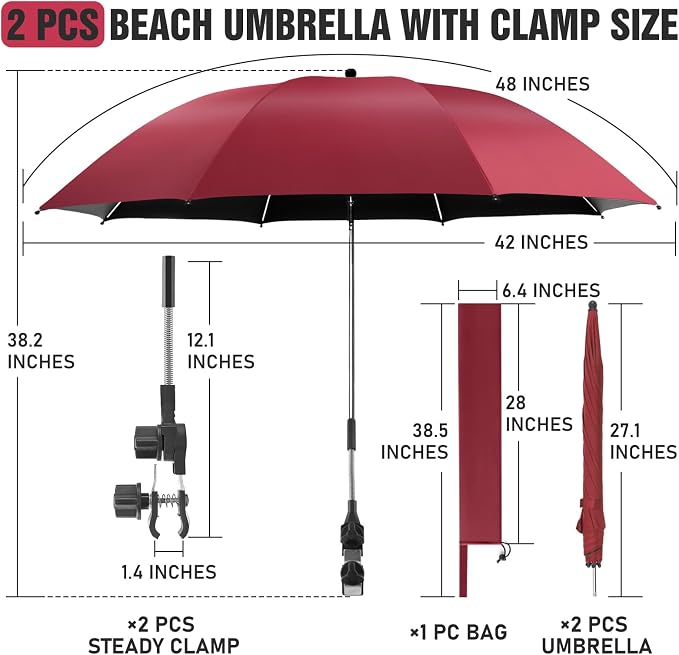 2 PACK Beach Umbrella with Clamp, 360 ° Adjustable Umbrellas for Chair, UPF50+ Umbrella for Beach Chair, Patio Chair, Wheelchair, Camping Chair, Golf Carts (Chair Not Included)