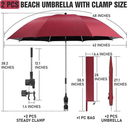 2 PACK Beach Umbrella with Clamp, 360 ° Adjustable Umbrellas for Chair, UPF50+ Umbrella for Beach Chair, Patio Chair, Wheelchair, Camping Chair, Golf Carts (Chair Not Included)