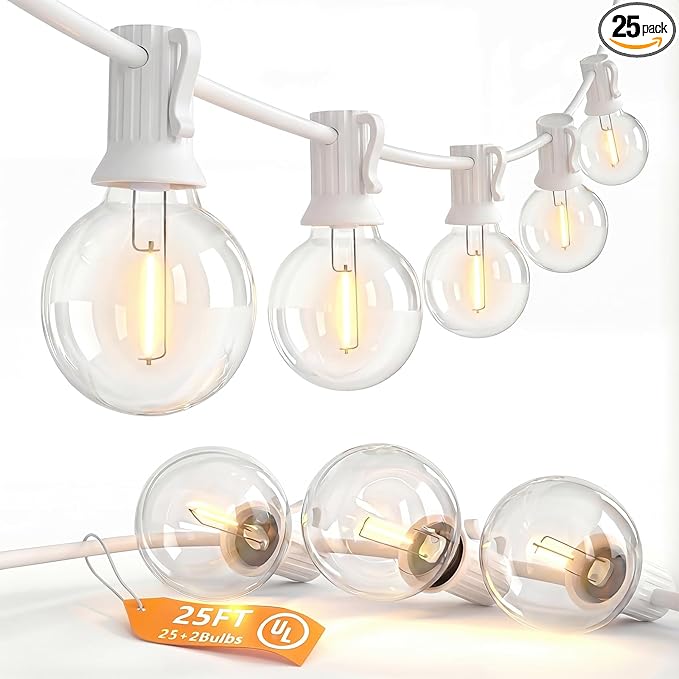 SUNSGNE 25FT G40 LED White Outdoor String Lights, White Patio Lights with 25 Shatterproof LED Clear Globe Bulbs for Patio Garden Porch Pergola Bistro Outside Decor