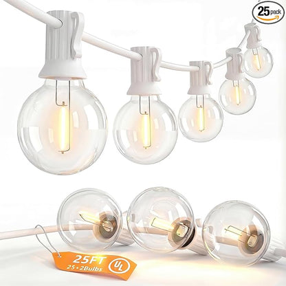 SUNSGNE 25FT G40 LED White Outdoor String Lights, White Patio Lights with 25 Shatterproof LED Clear Globe Bulbs for Patio Garden Porch Pergola Bistro Outside Decor