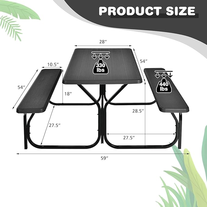 COSTWAY Outdoor Picnic Table, HDPE Plastic Picnic Table Bench Set | Weather Resistant Tabletop & Wood Texture, Ideal for Patio, Backyard (59" D x 54" W x 28.5" H,Black)