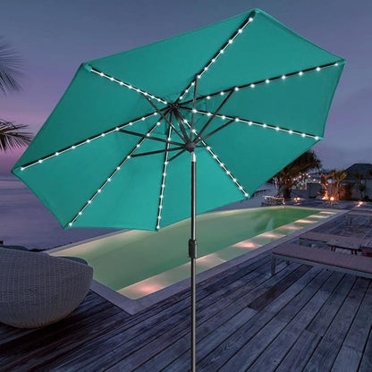 EliteShade USA 10-Year-Non-Fading 9ft Market Patio Umbrella, Commercial Grade Table Sun Umbrella with 80 Solar LED Lights, Crank Open, Windproof & UPF 50+ UV Protection for Garden, Deck, Pool, Backyard, Teal